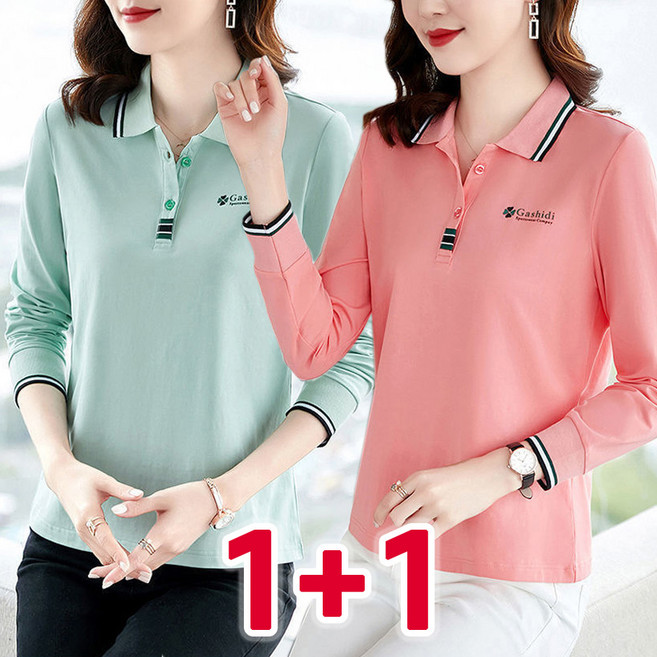 1+1 중년 여성 폴로 골프 긴팔티 봄 가을 골프웨어 캐주얼 슬림핏 이너 상의 카라 긴팔 티셔츠 루즈핏 데일리 폴로셔츠 엄마옷 2장세트 빅사이즈