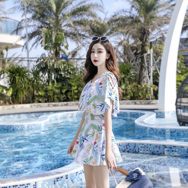 리버폭스 하와이 체형커버 이쁜 오프숄더비키니 알록달록이 치마 수영복, 화이트