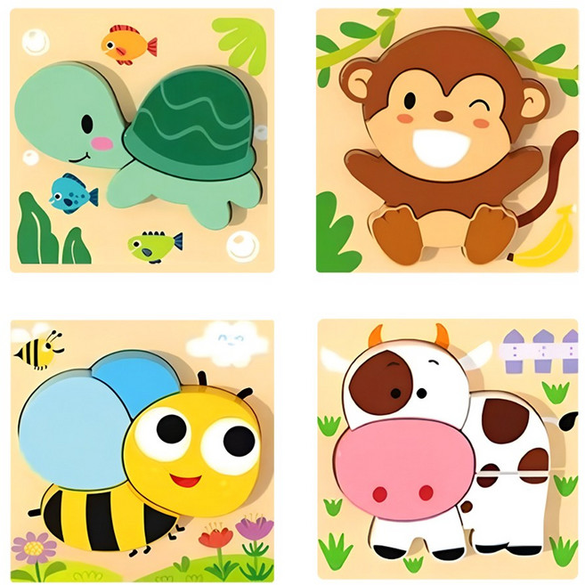 브레인버니 아기 유아 원목퍼즐 교구, 동물(거북이+원숭이+꿀벌+젖소), 1개