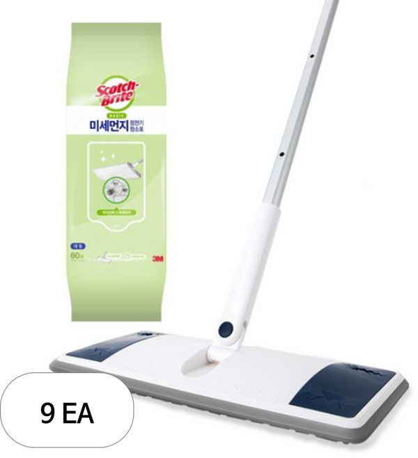 스카치브라이트 올터치 막대걸레 대형 미드나잇 블루 + 베이직 미세먼지 정전기 청소포 대형 60매, 9세트