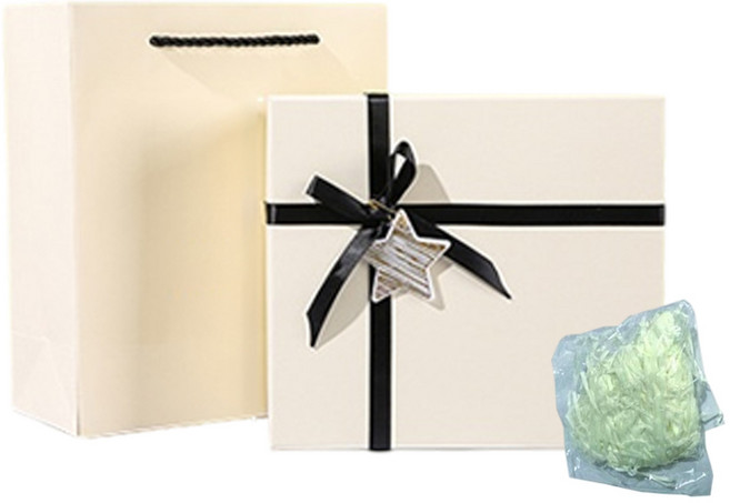 하스몰 고급 심플 기프트 선물박스 쇼핑백+종이쿠션 세트, 1개, 크림화이트
