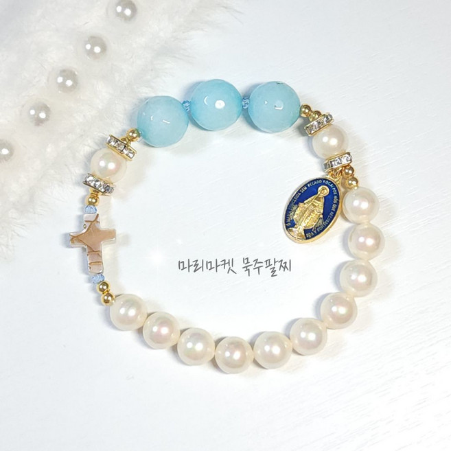 마리마켓 천주교 가톨릭 성당 세례식선물 고급비즈 기적의 패 묵주 팔찌(아쿠아마린 라리마 원석), 1개, 아쿠아마린