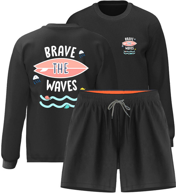 몰토벨리노 오버핏 긴팔 레쉬가드 4부 보드숏팬츠 상하세트, 남녀공용L, 브레이브웨이브829