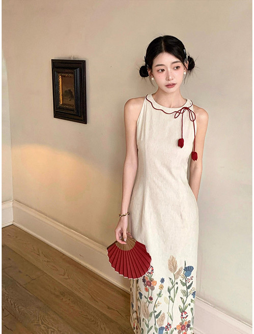 DIU 新中式印花旗袍連衣裙女夏季新款國風設計感氣質長裙子, M