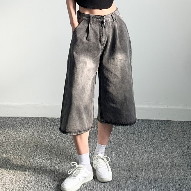 소유진 여성용 버뮤다 와이드 핀턱 허리 조절 버튼 데님 5부반바지