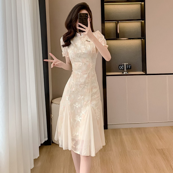 DFMEI 連衣裙新中式刺繡欲風超仙氣質收腰少女改良旗袍裙, M