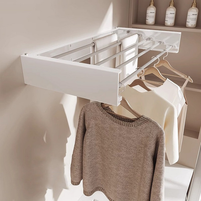 이지유 접이식 벽부착 슬림 빨래건조대 공중부양 대형 스텐 폴딩 행거 욕실 베란다 수건 원룸, 화이트