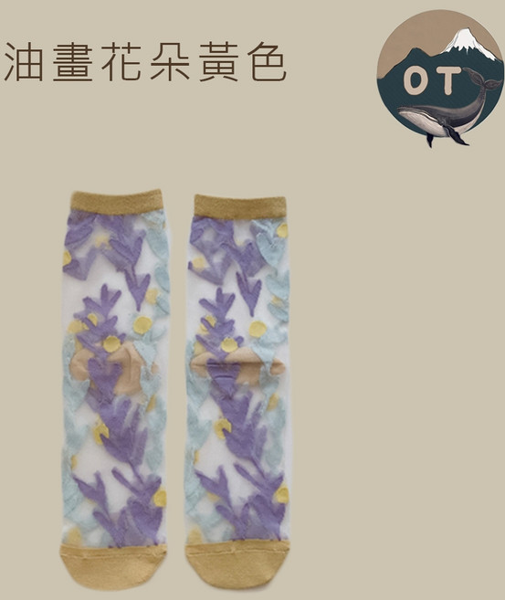 OT SHOP 透膚襪 日系花卉刺繡 可愛小熊貓咪圖案 Free Size (22-26cm)