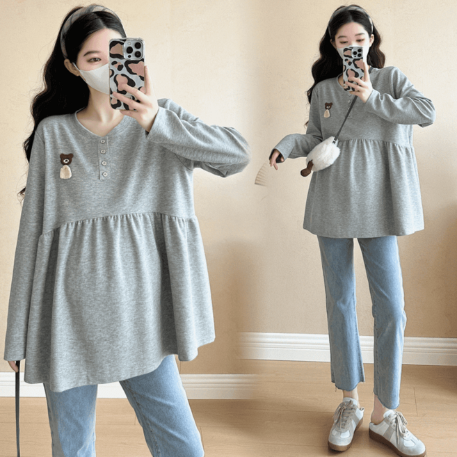 봄 임산부 외출복 빅사이즈 루즈핏 임부 긴팔 티셔츠 캐주얼 임부복 긴소매 상의 YSQ