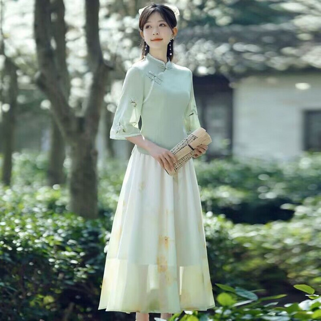 新中式 漢元素 茶服 旗袍 兩件套 改良漢服 女藝文國風上衣套裝, 綠色上衣+杏色裙子【兩件套,XL 建議110-120斤, 綠色上衣+杏色裙子