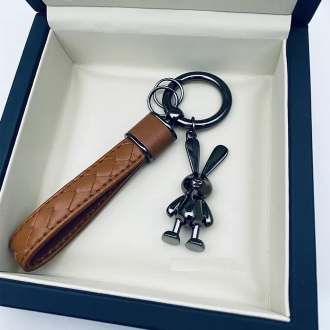 다은랜드 고급 가죽 블랙 토끼 키링, 브라운