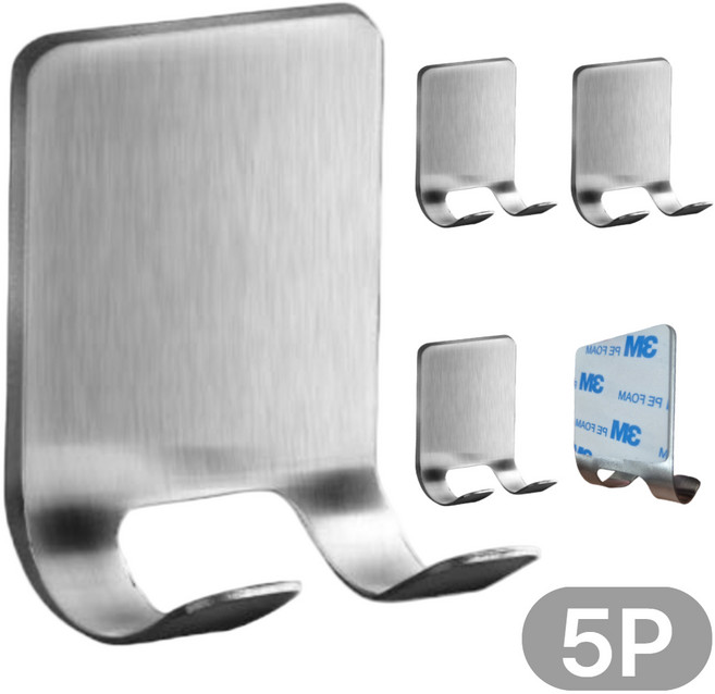 하루소소 초강력 스테인레스 무타공 접착식 듀얼 후크, 리얼 스틸, 5개