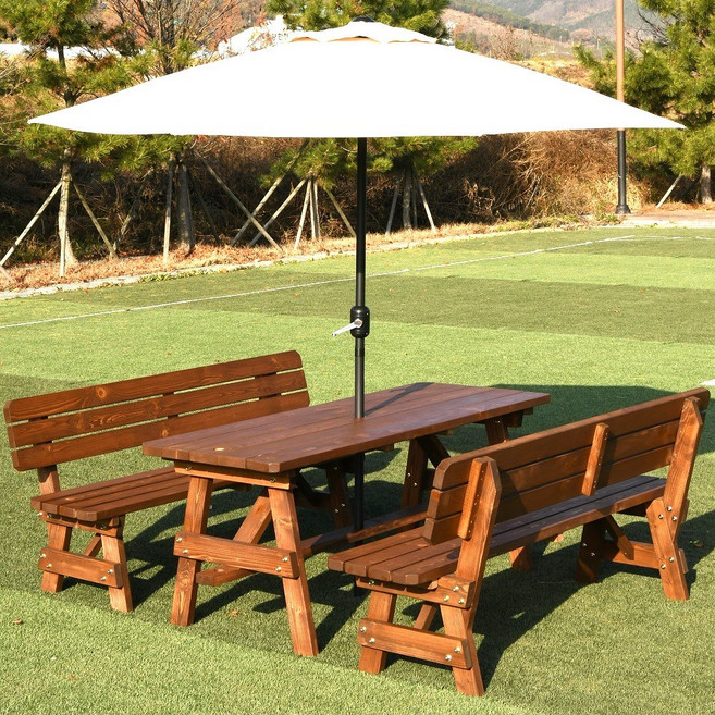 엉클트리 100% 통원목 야외 테이블 세트 (강력 볼트체결 구조), (등등)6~8인용 양쪽 등받이 2회도색(월넛색