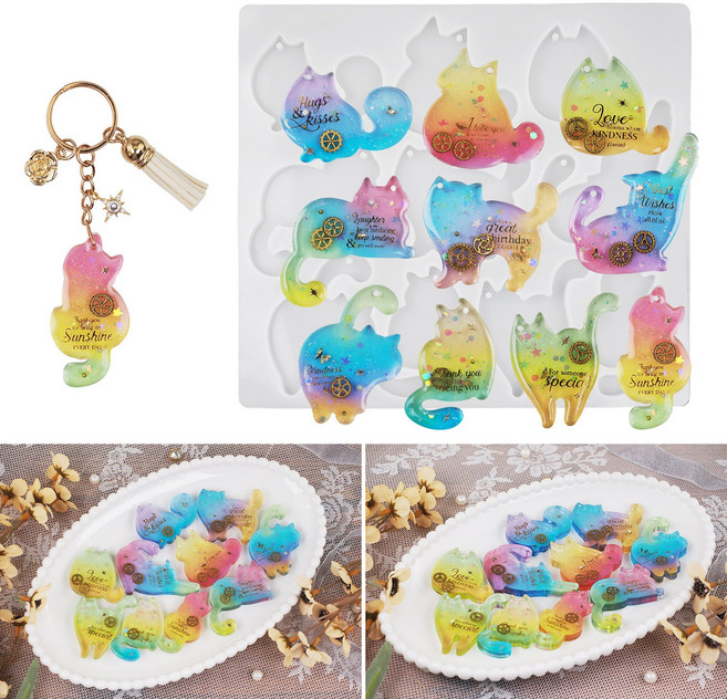 [리리아트] 레진아트 귀여운 고양이 팬던트 키링 몰드 9종, 1개, 단일
