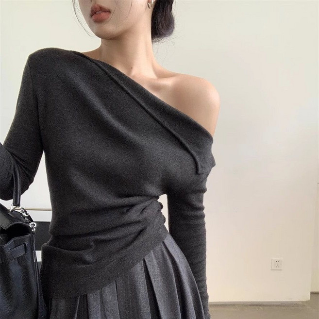 Asure 긴팔 오프숄더니트 언발란스 습곡 슬림핏 골지니트 니트탑