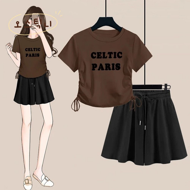 오스틱니 여름 초특가 여성 티셔츠+스커트 프린트 세트 라운드넥 데일리룩