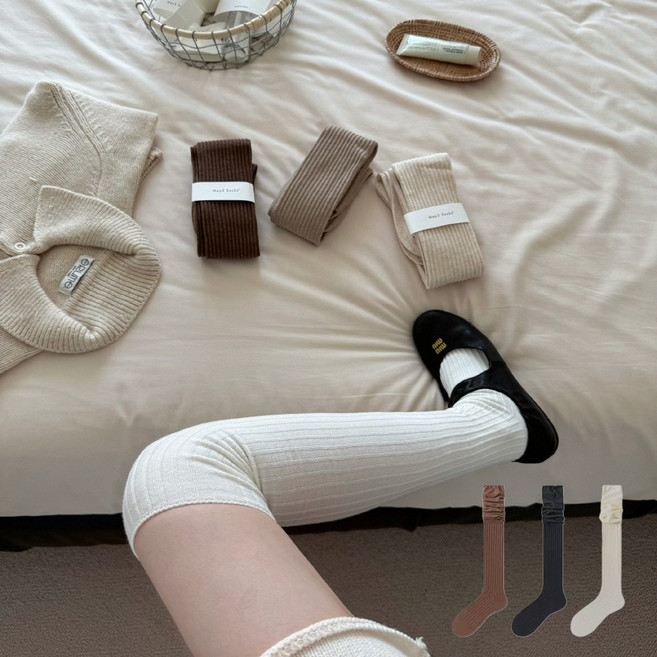 May 3 Socks 여성 양말 순색 스트라이프 겨울 니삭스 슬림 롱 양말 압박 중목 양말 반장 양말 장목 양말 운동 다리 보온대 필라테스 3족 세트