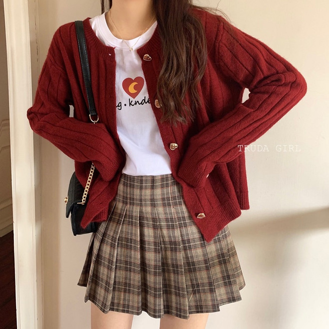 《杜達女孩》甜美愛心排釦 坑條 混羊絨 包心紗針織 毛衣外套