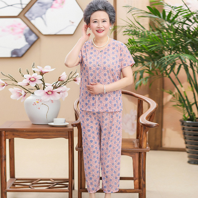 奶奶裝套裝女 夏裝短袖媽媽兩件套 老年人舒適棉麻寬鬆透氣親膚