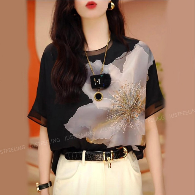 JUSTFEELING 고퀼리티 중년여성 반팔셔츠 여름 실크 블라우스 플라워 프린트 우아한 엄마옷 4050대 기질 셔츠 상의