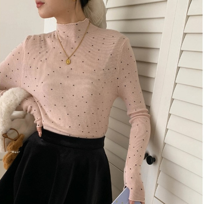 에쥬아 프릴 폴라넥 이너티 여자 도트 블라우스