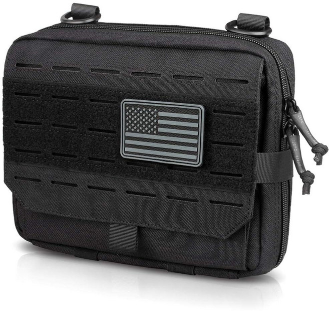 WYNEX Tactical Molle 3단 접이식 오픈 디자인 관리 파우치 공구 응급 처치 EDC 유틸리티 도구 가방 몰리 부착 오거나이저 미국 국기 패치 포함 블랙