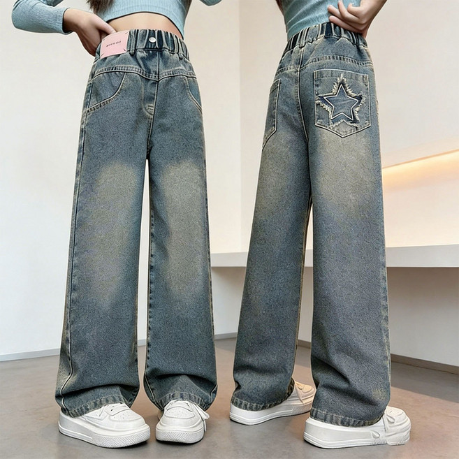 Tooliva 여아 청바지 주니어 와이드 밴딩 통바지 워싱 스트레이트 데님팬츠