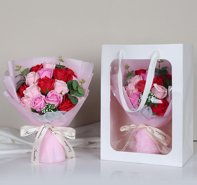 플로잉 장미 비누꽃+쇼핑백 15송이 꽃다발, Red & Pink+쇼핑백, 1개