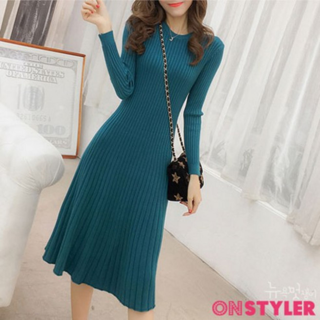 뉴욕멋쟁이 세로 플리츠 심플 니트 원피스 골지 니트원피스