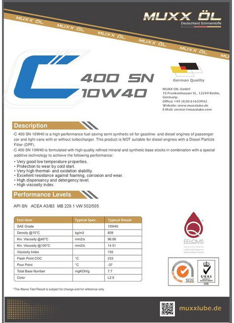 MUXX ÖL 400 SN 10W40 高效節能半合成機油 API SN ACEA A3/B3, 1個