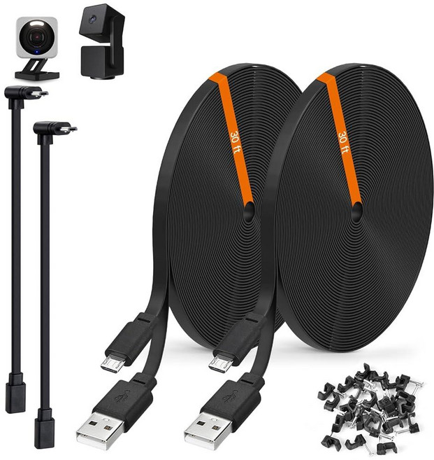 Wyze Cam v4 Pan v3 OG v3 및 Pro 보안 카메라와 호환되는 9.1m(30피트) 전원 연장 케이블 2팩 - 9m 길이의 플랫 USB 마이크로 충전 코드, 30 Feet, 블랙