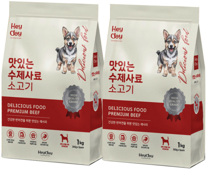 헤이데이 전연령 강아지 맛있는 수제 소프트사료, 소, 1kg, 2개