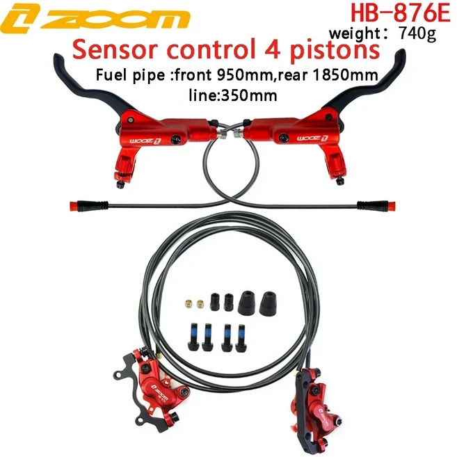 유압식 디스크 브레이크 ZOOM HB-876E 전기 자전거 오일 유압 브레이크 4 피스톤 950mm Li-Po 차단 기능 디, 1개, 09 Red 950 1850mm