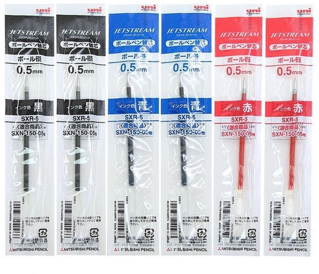 더주니 유니 제트스트림 단색 볼펜 리필 6개 0.5mm 리필심 SXR-5, 1개, 0.5 6개 세트 (블랙2+블루2+레드2)