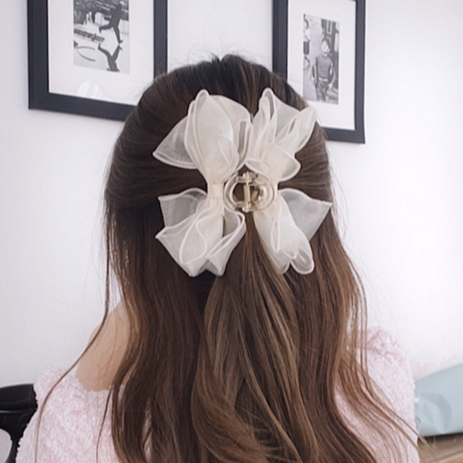로라하 자체제작 여성 쉬폰 왕리본 올림머리 반묶음 헤어 집게핀 프리지아