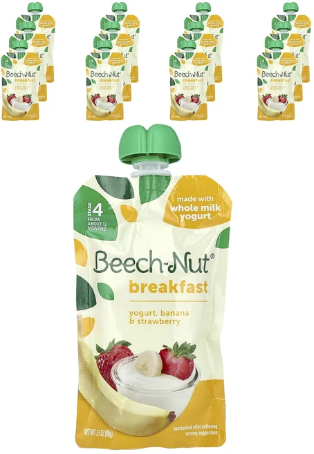 Beech-Nut 브랙퍼스트 요거트 12개월 이상 바나나 및 딸기 파우치 12개 각 99g(3.5oz), BeechNut브랙퍼스트요거트12개월이상바나나및딸기파우, 99g - 쿠팡