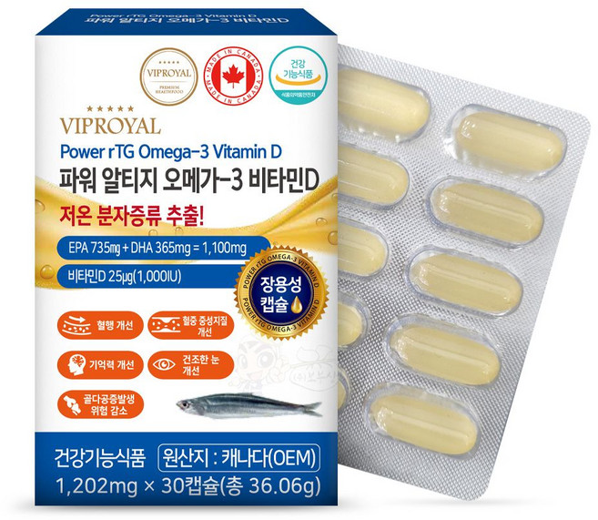 파워 알티지 오메가3 비타민D 장용성 캡슐 저온 분자증류 추출 rtg omega 3 vitamin D 혈행개선 혈중 중성지질개선 기억력개선 건조한 눈 개선 온가족 건강기능식품, 30정, 1개