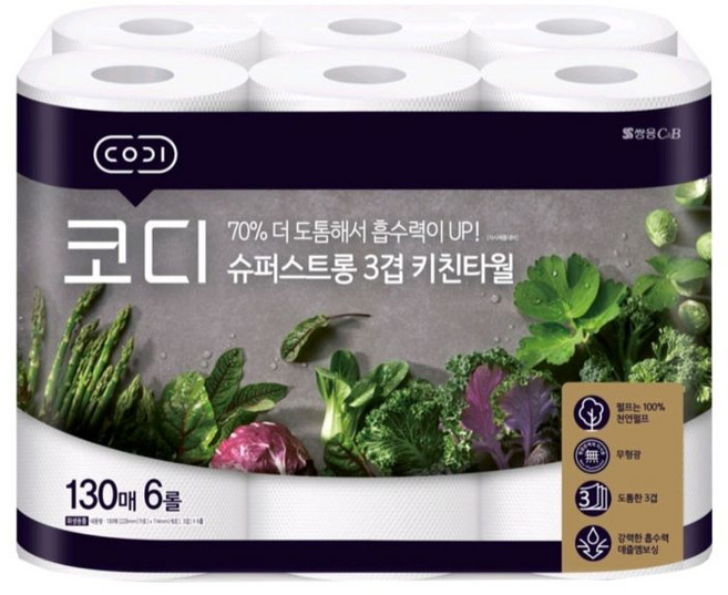 코디 슈퍼스트롱 3겹 키친타월 130매x6개입 1팩, 6롤, 1개