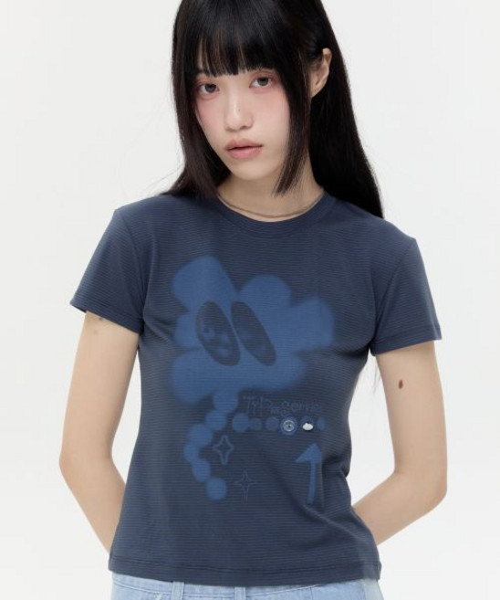 타입서비스 typeservice Buttoned Airbrush Short Sleeve Top Navy