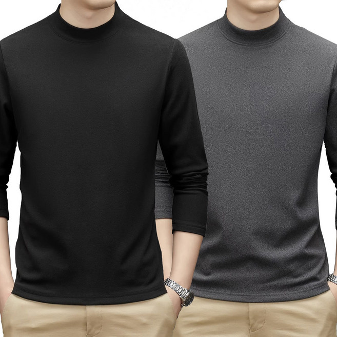 남성용 답답함 없는 겨울 간절기 겨울용 기모 무지 반목 폴라티 터틀넥 티셔츠 1+1 2매 세트