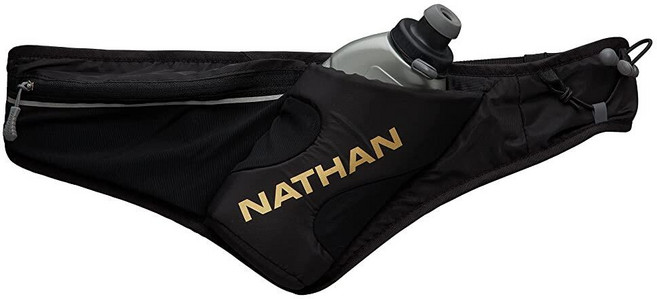 Nathan Peak Running 하이드레이션 허리 팩 벨트 스피드 드로우 플라스크 물병 535ml(18온스)/푸시/풀 레이스 캡 확장 가능한 지퍼 스트레치 포켓 Va, 블랙/골드