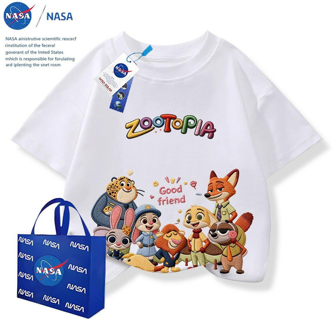 주토피아 캐릭터 반팔 자수 티셔츠 면티 남아 오버핏 긴팔티 순면 라운드 여아 면 여름, 1개, TTZ0846 화이트