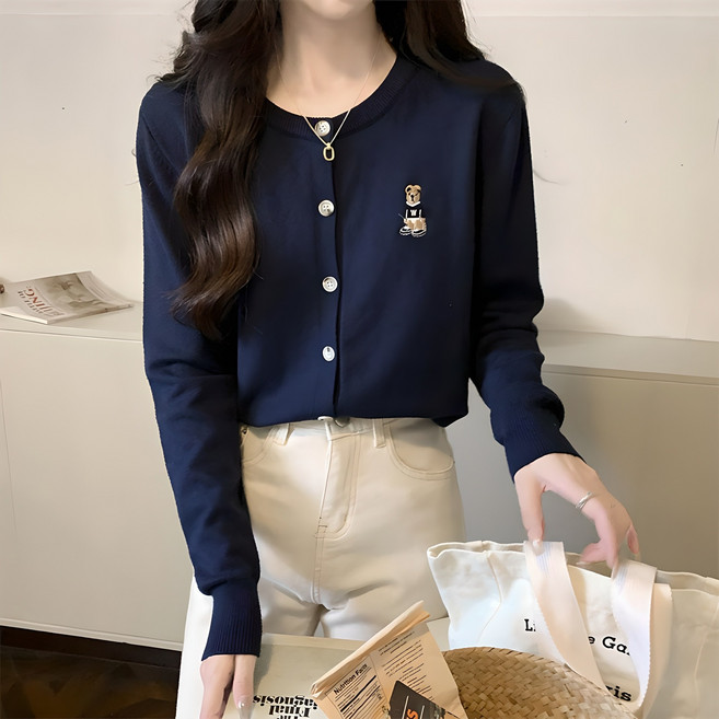 Toonies 여성용 프렌치 루즈핏 레이지 베어 자수 니트 가디건