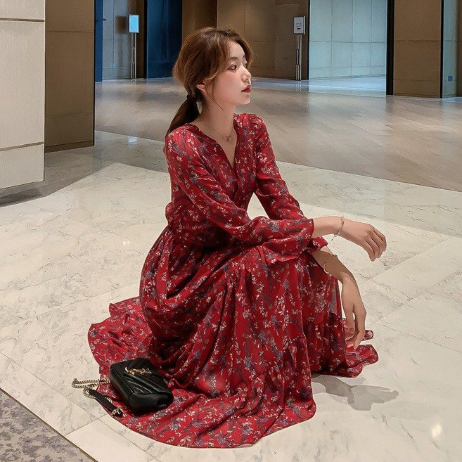 여성 쉬폰 브이넥 롱 맥시 원피스 가을 샤랄라 플라워 나염 드레스 르네 레드 하객룩 긴팔