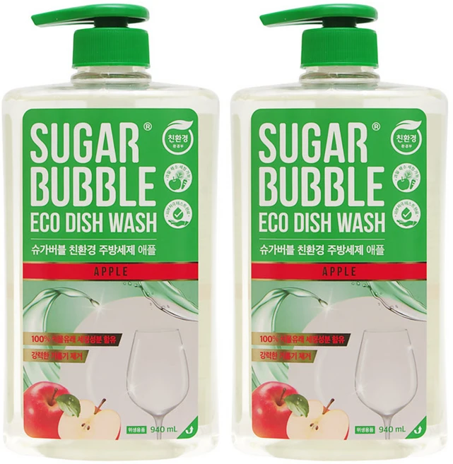 슈가버블 친환경 주방세제 애플 940ml 용기, 2개 - 쿠팡