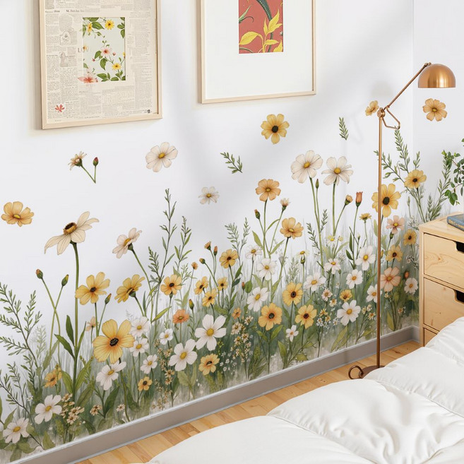 田園雛菊花牆貼 居家裝飾 臥室 客廳 櫥櫃 浴室 適用 110cm x 42cm, ins 歐風壁貼系列   c161