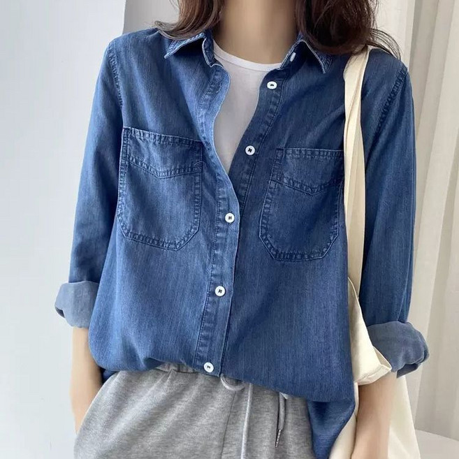 Skyciky 청바지 셔츠 여성 얇은 루즈핏 베이직 긴팔 외투 FF689