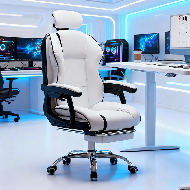 Takata 게이밍 의자 침대형 머리받침조절 발받침대 리클라이너 고급 인조가죽 사무용 컴퓨터 의자, 화이트