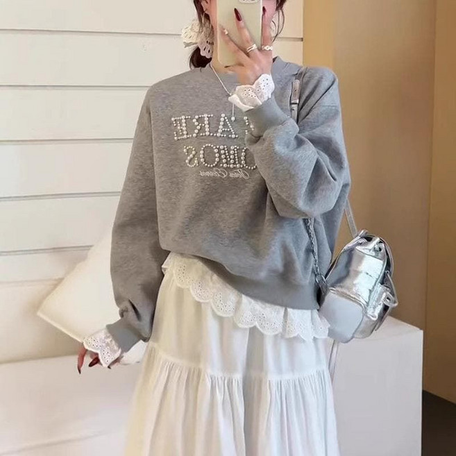 Neirny 여성 라운드 긴팔맨투맨 레이스 루즈핏 상의 트렌드 캐주얼 기질 배색 풀오버