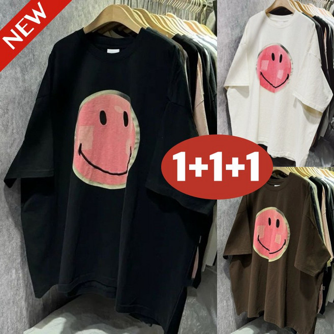(26년 신상) 150kg까지 1+1+1 빅사이즈 여성 스마일 프린팅 드롭숄더 반팔 티셔츠 여름 루즈핏 트렌드 스타일 박스 오버핏 베이직 상의 심플 블랙 라운드넥 미디티 3종 티